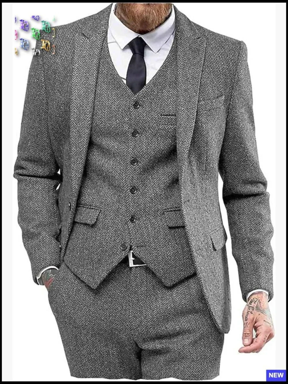 Classic Tweed Herringbone Three Piece Suit Peak Lapel Formal Elegant Wedding